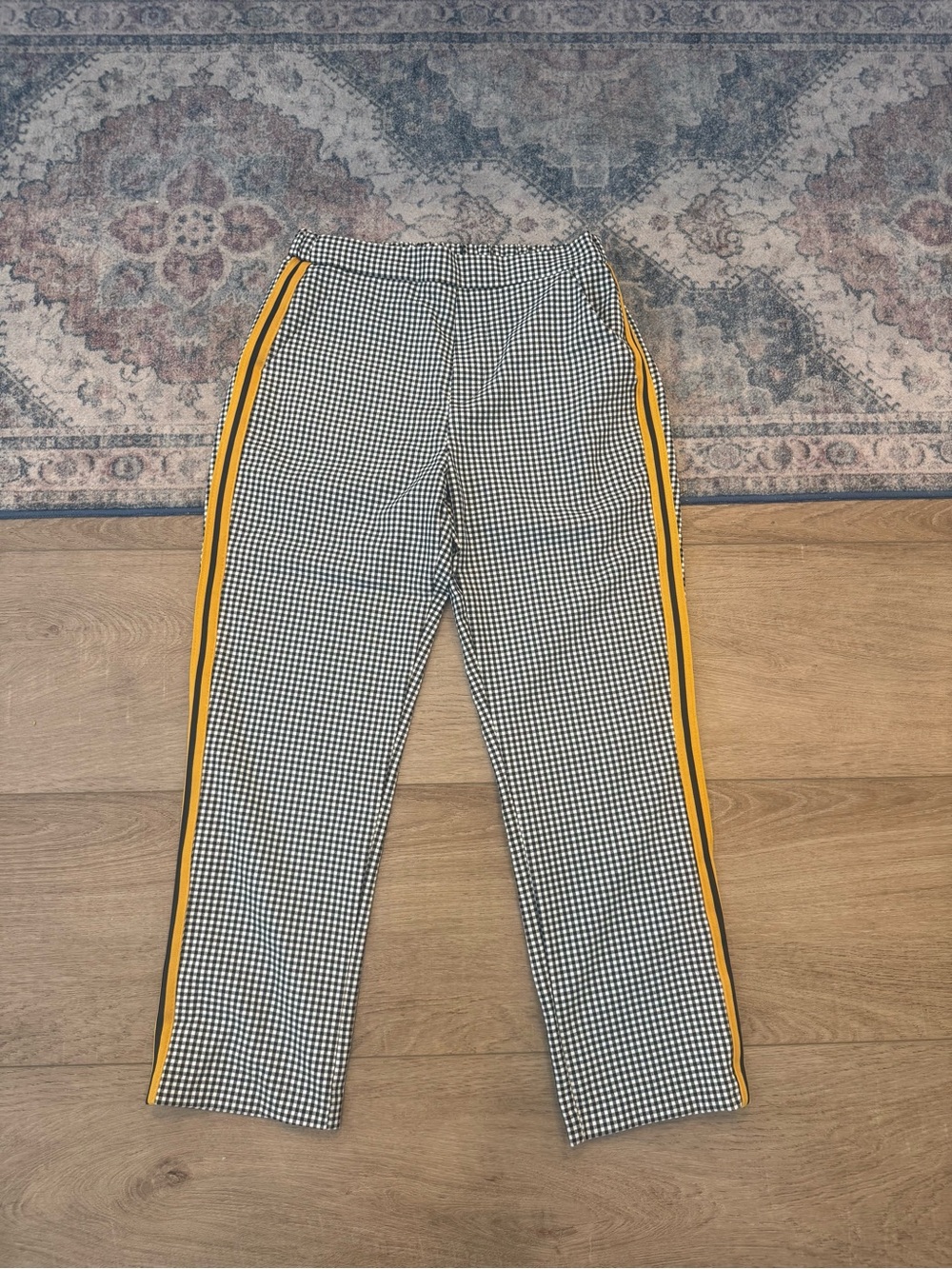 Zara Black & White Gingham Pants with Yellow Side Stripe